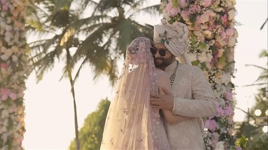 Once on stage, Rakul Preet Singh and Jackky Bhagnani's sweet interaction before their varmala ceremony, where they both put floral garlands around each other's neck, also cannot be missed. Jackky gave his bride a big hug as he saw her.