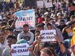 UP Police Constable exam candidates stage a protest over paper leak allegations in Lucknow, Friday, Feb. 23, 2024. (PTI Photo/Nand Kumar)