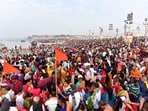 On the occasion of Maghi Purnima, the full moon night in the Hindu month of Magh, thousands of devotees from across the country gathered at the ghats of Sangam in Prayagraj to take a holy dip in the River Ganga.&nbsp;(PTI)