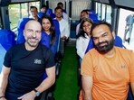 Uber CEO Dara Khosrowshahi along with his colleagues in Bengaluru on a shuttle bus. 