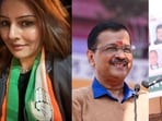 Congress stalwart Ahmed Patel's daughter Mumtaz Patel, AAP convener Arvind Kejriwal and Faisal Patel (L to R).