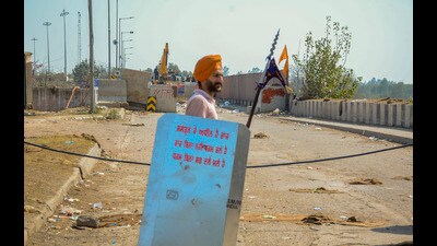 A farmer during farmers ‘Delhi Chalo' march, near the Punjab-Haryana Shambhu border, in Patiala district, on Saturday. (PTI)