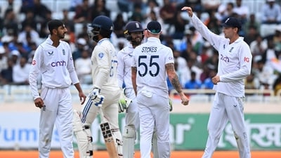 England's Shoaib Bashir (L) celebrates with teammates after the dismissal of India's Rajat Patidar during the second day of the fourth Test (AFP) England's Shoaib Bashir (L) celebrates with teammates after the dismissal of India's Rajat Patidar during the second day of the fourth Test (AFP)
