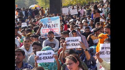 Candidates stage a protest over paper leak allegations, in Lucknow. (PTI) Candidates stage a protest over paper leak allegations, in Lucknow. (PTI)