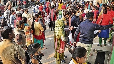 Candidates wait outside an examintaion centre to appear in Uttar Pradesh Teacher Eligibility Test 2021 (UPTET Exam 2021), in Moradabad, November 28, 2021. The examination had been cancelled due to alleged paper leak. (PTI File) Candidates wait outside an examintaion centre to appear in Uttar Pradesh Teacher Eligibility Test 2021 (UPTET Exam 2021), in Moradabad, November 28, 2021. The examination had been cancelled due to alleged paper leak. (PTI File)
