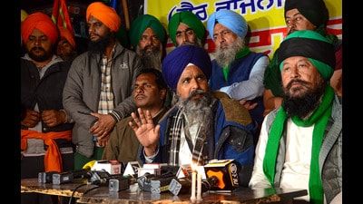 Farmer leader Sarwan Singh Pandher with others addresses the media at the Shambhu Border on Saturday. (PTI) Farmer leader Sarwan Singh Pandher with others addresses the media at the Shambhu Border on Saturday. (PTI)