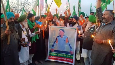 Farmers hold a candle march in support of 22-year-old protesting farmer Shubh Karan Singh, who died in the clashes between security personnel and protesting farmers at the Khanauri border during the 'Delhi Chalo' march, in Patiala on Saturday. (ANI) Farmers hold a candle march in support of 22-year-old protesting farmer Shubh Karan Singh, who died in the clashes between security personnel and protesting farmers at the Khanauri border during the 'Delhi Chalo' march, in Patiala on Saturday. (ANI)