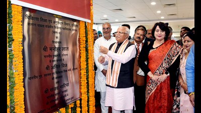 Haryana Chief Minister Manohar Lal Khattar lays the foundation stone of five projects worth Rs. 820.92 crores in the health sector, at the Kalpana Chawla Government Medical College in Karnal on Saturday. (ANI) Haryana Chief Minister Manohar Lal Khattar lays the foundation stone of five projects worth Rs. 820.92 crores in the health sector, at the Kalpana Chawla Government Medical College in Karnal on Saturday. (ANI)