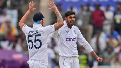 England's Shoaib Bashir celebrates a wicket. (AP)