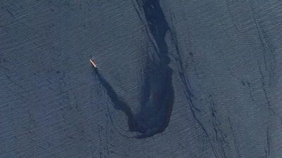 In this satellite image provided by Planet Labs, the Belize-flagged bulk carrier Rubymar is seen in the southern Red Sea near the Bay el-Mandeb Strait leaking oil after an attack by Yemen's Houthi rebels Feb. 20, 2024. (AP) In this satellite image provided by Planet Labs, the Belize-flagged bulk carrier Rubymar is seen in the southern Red Sea near the Bay el-Mandeb Strait leaking oil after an attack by Yemen's Houthi rebels Feb. 20, 2024. (AP)