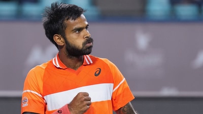 India's Sumit Nagal celebrates a point against Italy's Stefano Napolitano during a tennis semi-final match of Bengaluru Open 2024 (PTI) India's Sumit Nagal celebrates a point against Italy's Stefano Napolitano during a tennis semi-final match of Bengaluru Open 2024 (PTI)
