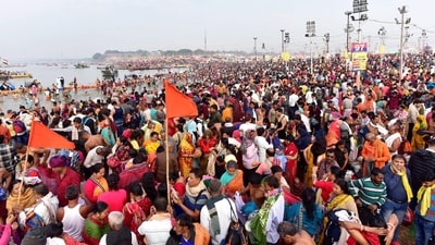 On the occasion of Maghi Purnima, the full moon night in the Hindu month of Magh, thousands of devotees from across the country gathered at the ghats of Sangam in Prayagraj to take a holy dip in the River Ganga. (PTI) On the occasion of Maghi Purnima, the full moon night in the Hindu month of Magh, thousands of devotees from across the country gathered at the ghats of Sangam in Prayagraj to take a holy dip in the River Ganga. (PTI)