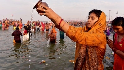 Devotees perform rituals at the bank of Ganga river on the occasion of Maghi Purnima during the annual 'Magh Mela' at Sangam, in Prayagraj. (PTI) Devotees perform rituals at the bank of Ganga river on the occasion of Maghi Purnima during the annual 'Magh Mela' at Sangam, in Prayagraj. (PTI)