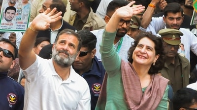 Congress leaders Rahul Gandhi and Priyanka Gandhi Vadra were seen waving to people from an open jeep. (PTI) Congress leaders Rahul Gandhi and Priyanka Gandhi Vadra were seen waving to people from an open jeep. (PTI)