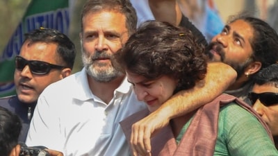 Priyanka Gandhi joined Bharat Jodo Nyay Yatra on Saturday in Moradabad. (PTI) Priyanka Gandhi joined Bharat Jodo Nyay Yatra on Saturday in Moradabad. (PTI)
