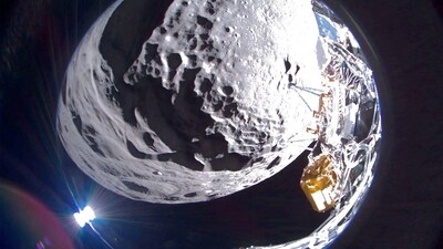 Intuitive Machines? Odysseus lunar lander captures a wide field of view image of Schomberger crater on the Moon, in this handout picture released February 23, 2024. Intuitive Machines/Handout via REUTERS (via REUTERS)