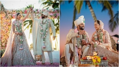 Rakul Preet and Jackky Bhagnani tied the knot in Goa on February 21. The couple chose pastel hues and a floral theme for the special occasion. While Rakul wore a pastel pink lehenga, Jackky complemented her in an ivory sherwani. Tarun Tahiliani designed both their outfits. (Instagram/@stylebyami) Rakul Preet and Jackky Bhagnani tied the knot in Goa on February 21. The couple chose pastel hues and a floral theme for the special occasion. While Rakul wore a pastel pink lehenga, Jackky complemented her in an ivory sherwani. Tarun Tahiliani designed both their outfits. (Instagram/@stylebyami)