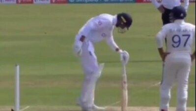 Shoaib Bashir (L) takes guard; Sarfaraz Khan (R) stands at forward short leg (X) Shoaib Bashir (L) takes guard; Sarfaraz Khan (R) stands at forward short leg (X)