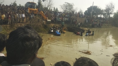 Those in the tractor trolley were heading to take a holy bath in river Ganga in Kasganj on the auspicious occasion of Magh Poornima. Those in the tractor trolley were heading to take a holy bath in river Ganga in Kasganj on the auspicious occasion of Magh Poornima.