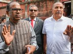 Former chief justice of the Patna High Court L Narasimha Reddy (L) with retd. IPS officer Rajpal Singh and former joint registrar (law), NHRC Om Prakash Vyas, three of the six-member fact finding committee on human rights violations in Sandeshkhali, come out from Lalbazar (Kolkata Police headquarters) after their release, in Kolkata, Sunday, Feb. 25, 2024. Narasimha Reddy, Rajpal Singh and Om Prakash Vyas were detained by the Police when they were enroute to Sandeshkhali. Former chief justice of the Patna High Court L Narasimha Reddy (L) with retd. IPS officer Rajpal Singh and former joint registrar (law), NHRC Om Prakash Vyas, three of the six-member fact finding committee on human rights violations in Sandeshkhali, come out from Lalbazar (Kolkata Police headquarters) after their release, in Kolkata, Sunday, Feb. 25, 2024. Narasimha Reddy, Rajpal Singh and Om Prakash Vyas were detained by the Police when they were enroute to Sandeshkhali.