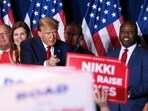 Republican presidential candidate and former U.S. President Donald Trump gestures as he hosts a South Carolina Republican presidential primary election night party in Columbia, South Carolina, U.S. February 24, 2024. REUTERS/Alyssa Pointer