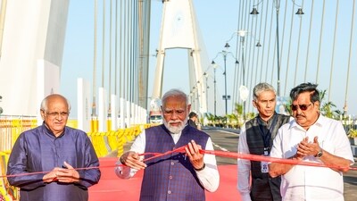 Prime Minister Narendra Modi on Sunday inaugurated 'Sudarshan Setu', the country's longest cable-stayed bridge of 2.32 km, on the Arabian sea, connecting Beyt Dwarka island to mainland Okha in Gujarat's Devbhumi Dwarka district. (X/@narendramodi) Prime Minister Narendra Modi on Sunday inaugurated 'Sudarshan Setu', the country's longest cable-stayed bridge of 2.32 km, on the Arabian sea, connecting Beyt Dwarka island to mainland Okha in Gujarat's Devbhumi Dwarka district. (X/@narendramodi)