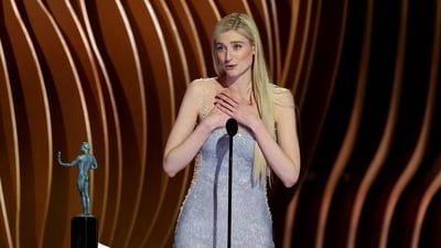Elizabeth Debicki surprised with a win for playing Princess Diana in The Crown, beating Succession awards kingpin Sarah Snook and others. Earlier, Pedro Pascal pulled off something of an upset by taking Male Actor in a Drama Series for HBO’s The Last of Us over Kieran Culkin and other Succession stars. (REUTERS) 