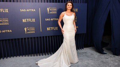 Selena Gomez, known for her role in Hulu's Only Murders in the Building, stunned in a sparkling white Versace gown that elegantly hugged her curves.&nbsp; (REUTERS)