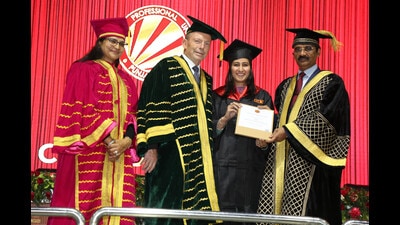 Australian former prime minister Tony Abbott being and LPU chancellor Ashok Kumar Mittal during the 11th annual convocation, at the Lovely Professional University in Jalandhar, Sunday. (HT photo) Australian former prime minister Tony Abbott being and LPU chancellor Ashok Kumar Mittal during the 11th annual convocation, at the Lovely Professional University in Jalandhar, Sunday. (HT photo)