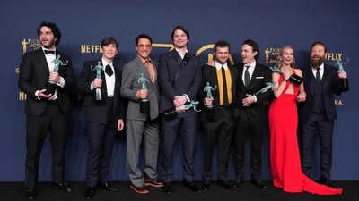 Benny Safdie, from left, Cillian Murphy, Robert Downey Jr, Josh Hartnett, Alden Ehrenreich, Casey Affleck, Emily Blunt, and Kenneth Branagh, winners of the award for the award for outstanding performance by a cast in a motion picture for Oppenheimer, pose in the press room during the 30th annual Screen Actors Guild Awards on February 24, 2024 at the Shrine Auditorium in Los Angeles. (AP) Benny Safdie, from left, Cillian Murphy, Robert Downey Jr, Josh Hartnett, Alden Ehrenreich, Casey Affleck, Emily Blunt, and Kenneth Branagh, winners of the award for the award for outstanding performance by a cast in a motion picture for Oppenheimer, pose in the press room during the 30th annual Screen Actors Guild Awards on February 24, 2024 at the Shrine Auditorium in Los Angeles. (AP)