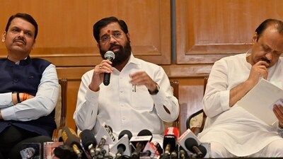 Maharashtra Deputy CM Devendra Fadnavis, CM Eknath Shinde and deputy CM Ajit Pawar addressing to the media during press conference. (Photo by Anshuman Poyrekar/ Hindustan Times)