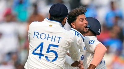 Kuldeep Yadav and Rohit Sharma celebrate Zak Crawley's wicket. (AP) Kuldeep Yadav and Rohit Sharma celebrate Zak Crawley's wicket. (AP)