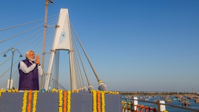 The 2.32 km bridge, including 900 metres of central double-span cable-stayed portion and a 2.45 km long approach road, has been constructed for <span class='webrupee'>₹</span>979 crore, as per an official release. (PTI) The 2.32 km bridge, including 900 metres of central double-span cable-stayed portion and a 2.45 km long approach road, has been constructed for <span class='webrupee'>₹</span>979 crore, as per an official release. (PTI)
