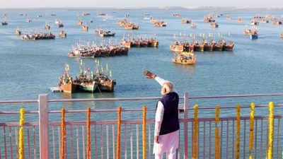 Officials stated that currently, devotees visiting the temple at Beyt Dwarka can only travel during the day by boat. The construction of the bridge will allow them to travel at all times. (PTI) Officials stated that currently, devotees visiting the temple at Beyt Dwarka can only travel during the day by boat. The construction of the bridge will allow them to travel at all times. (PTI)