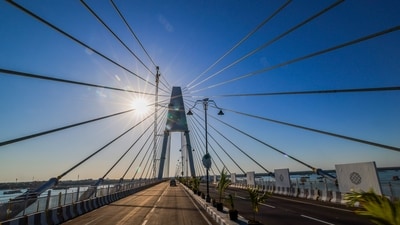 The bridge boasts a unique design, featuring a footpath adorned with verses from Srimad Bhagavad Gita and images of Lord Krishna on both sides. (PTI) The bridge boasts a unique design, featuring a footpath adorned with verses from Srimad Bhagavad Gita and images of Lord Krishna on both sides. (PTI)