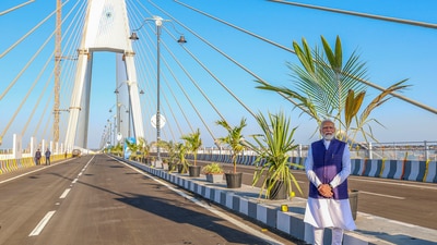 PM Modi inaugurated the four-lane cable-stayed bridge called the 'Sudarshan Setu'. (PTI) PM Modi inaugurated the four-lane cable-stayed bridge called the 'Sudarshan Setu'. (PTI)