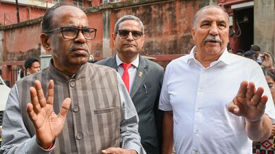 Former chief justice of the Patna High Court L Narasimha Reddy (L) with retd. IPS officer Rajpal Singh and former joint registrar (law), NHRC Om Prakash Vyas, three of the six-member fact finding committee on human rights violations in Sandeshkhali, come out from Lalbazar (Kolkata Police headquarters) after their release, in Kolkata, Sunday, Feb. 25, 2024. Narasimha Reddy, Rajpal Singh and Om Prakash Vyas were detained by the Police when they were enroute to Sandeshkhali. (PTI) Former chief justice of the Patna High Court L Narasimha Reddy (L) with retd. IPS officer Rajpal Singh and former joint registrar (law), NHRC Om Prakash Vyas, three of the six-member fact finding committee on human rights violations in Sandeshkhali, come out from Lalbazar (Kolkata Police headquarters) after their release, in Kolkata, Sunday, Feb. 25, 2024. Narasimha Reddy, Rajpal Singh and Om Prakash Vyas were detained by the Police when they were enroute to Sandeshkhali. (PTI)