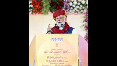 Prime Minister Narendra Modi addresses the foundation stone laying of multiple development projects, in Rajkot on Sunday. (PIB) Prime Minister Narendra Modi addresses the foundation stone laying of multiple development projects, in Rajkot on Sunday. (PIB)