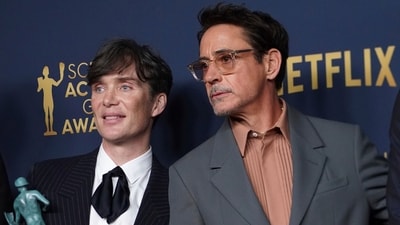 Cillian Murphy, winner of the awards for outstanding performance by a male actor in a leading role and outstanding performance by a cast in a motion picture for Oppenheimer, left, and Robert Downey Jr, winner of the awards for outstanding performance by a male actor in a supporting role and outstanding performance by a cast in a motion picture for Oppenheimer, pose together after the awards ceremony in LA. (AP) Cillian Murphy, winner of the awards for outstanding performance by a male actor in a leading role and outstanding performance by a cast in a motion picture for Oppenheimer, left, and Robert Downey Jr, winner of the awards for outstanding performance by a male actor in a supporting role and outstanding performance by a cast in a motion picture for Oppenheimer, pose together after the awards ceremony in LA. (AP)