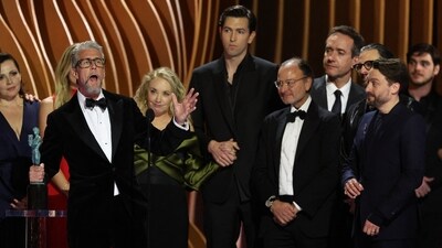 Cast of Succession receive the award for Best Outstanding Performance by an Ensemble in a Drama Series during the 30th Screen Actors Guild Awards. The Crown, The Gilded Age, The Last of Us and The Morning Show were also up for outstanding performance by an ensemble in a drama series at the awards. (REUTERS) 