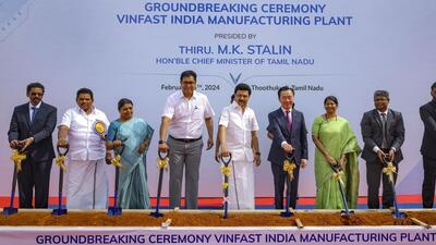 Tamil Nadu chief minister MK Stalin with officials of Vinfast India Manufacturing during the ground-breaking ceremony of the company's plant, in Thoothukudi, Sunday (PTI)
