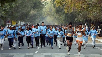 The ‘My city my run’ at Sector 29’s Leisure Valley Park in Gurugram on Sunday. (Parveen Kumar/HT Photo) The ‘My city my run’ at Sector 29’s Leisure Valley Park in Gurugram on Sunday. (Parveen Kumar/HT Photo)