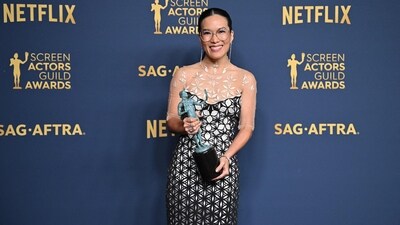 Ali Wong, who was awarded for her work on the Netflix limited series Beef, showcased one of the most fashion-forward looks of the night in a sculptural laser-cut Iris van Herpen haute couture gown. (AFP) Ali Wong, who was awarded for her work on the Netflix limited series Beef, showcased one of the most fashion-forward looks of the night in a sculptural laser-cut Iris van Herpen haute couture gown. (AFP)