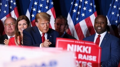 Republican presidential candidate and former U.S. President Donald Trump gestures as he hosts a South Carolina Republican presidential primary election night party in Columbia, South Carolina, U.S. February 24, 2024. REUTERS/Alyssa Pointer (REUTERS)