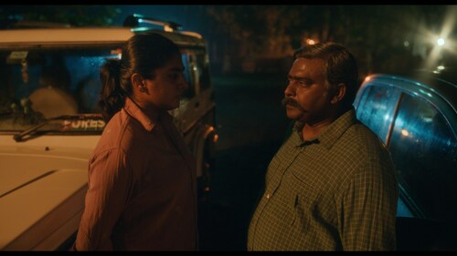 Nimisha Sajayan and Dibyendu Bhattacharya in a still from Poacher. Nimisha Sajayan and Dibyendu Bhattacharya in a still from Poacher.