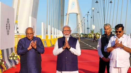 Gujarat Chief Minister Bhupendra Patel and Bharatiya Janata Party (BJP) State Chief CR Paatil were also present.(PTI)