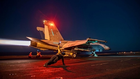 US and British forces carried out a fresh wave of strikes February 24, against 18 Huthi targets in Yemen, a joint statement said, following weeks of unrelenting attacks on Red Sea shipping by the Iran-backed rebels. (Photo by Handout / US Central Command (CENTCOM) / AFP) / (AFP)