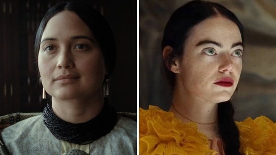 Lily Gladstone and Emma Stone in a still from Killers of the Flower Moon and Poor Things respectively.