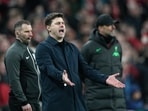 Chelsea's head coach Mauricio Pochettino reacts during the English League Cup final soccer match between Chelsea and Liverpool at Wembley Stadium