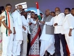 Congress President Mallikarjun Kharge and APCC president Y.S. Sharmila during a public meeting at Anantapur in Anantapuramu on Monday. (Mohammed Aleemuddin)